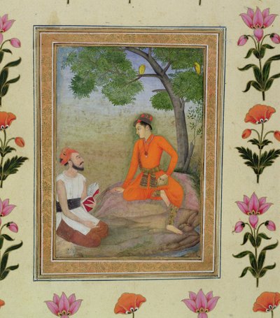 Ein Prinz im Gespräch mit einem religiösen Mann, der ein Buch hält, aus dem Kleinen Clive-Album von Mughal School
